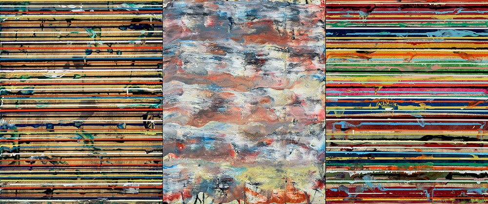 Brad Eliis – Rolling, 20 x 48 , triptych encaustic and enamel on birch