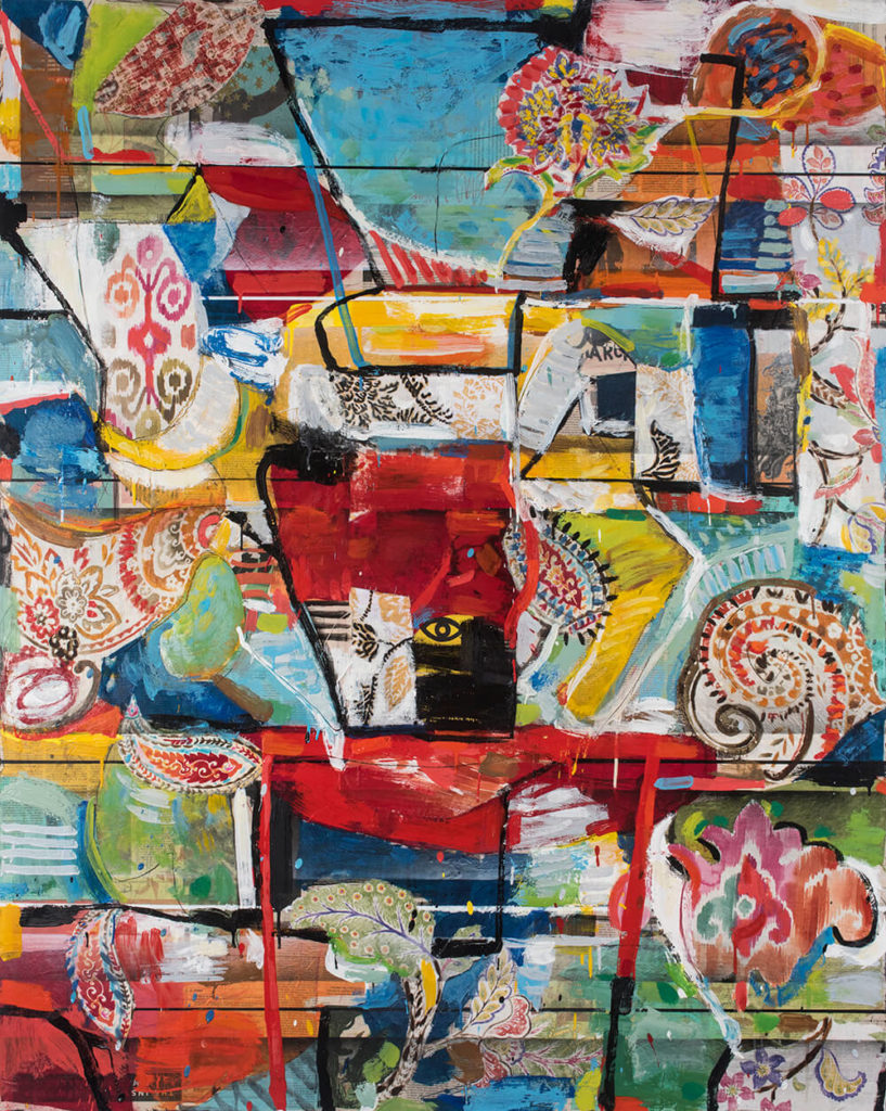 Brad Elllis – Who Dat encaustic, enamel, oil stick, collage on birch, 48 x 60
