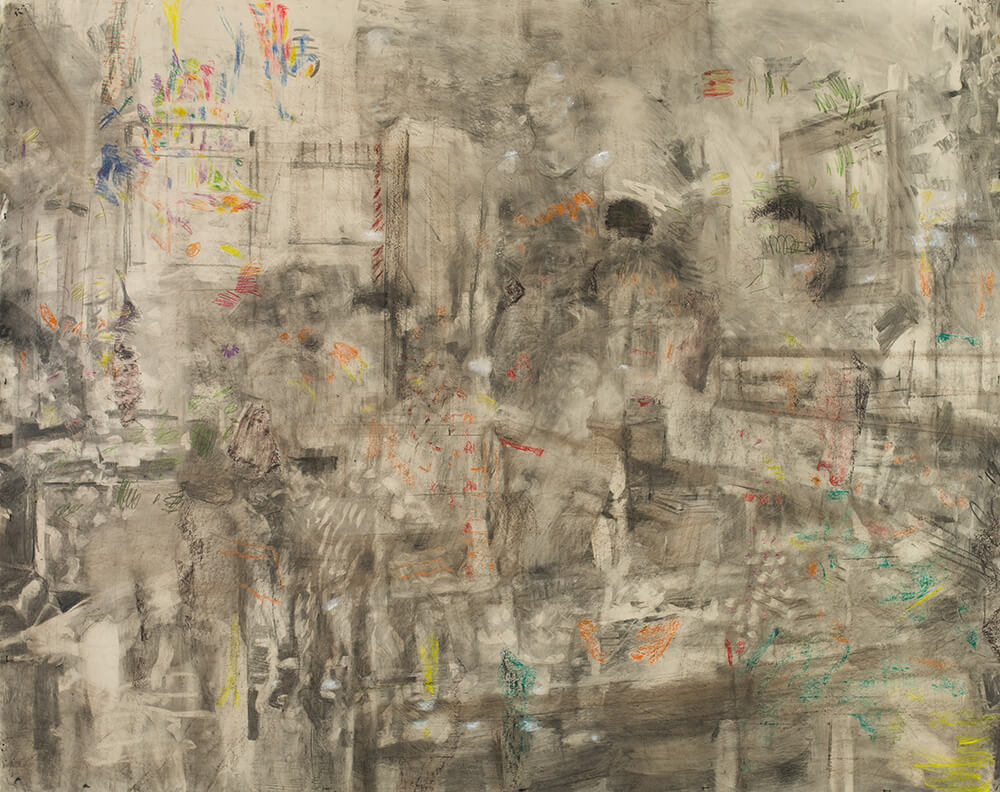 David Bailin – Jackson Heights, 2019 Charcoal, Colored-Pencil. Pastel, and Coffee on Prepared Paper 59 x 76